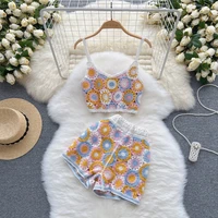 women sexy knitted set two pieces set camisole crop tops shorts mini pants crocheted 2 pieces set hollow out crochet beach wear