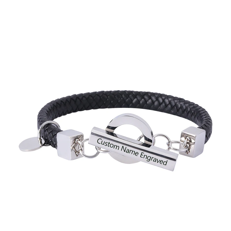 Модные парные ювелирные изделия с выгравированным именем на заказ, плетеные кожаные браслеты, браслеты из нержавеющей стали, мужские и женские браслеты KZ1171