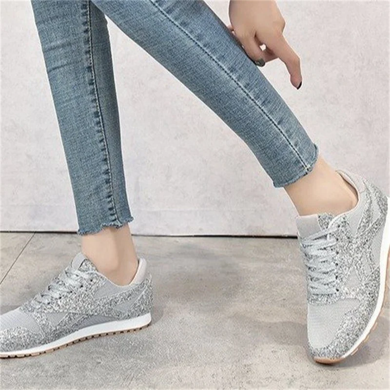 MR CO Women Flat Bling Sneakers Glitter Platform Casual Shoes Woman Comfortable Ladies Silver Vulcanize Shoes Large Size
