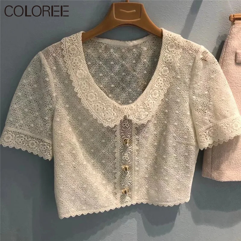 

White Lace Blouse Women Korean Fashion Elegant Short Sleeve Blusas Mujer De Moda 2022 Summer Slim Tops Mujer