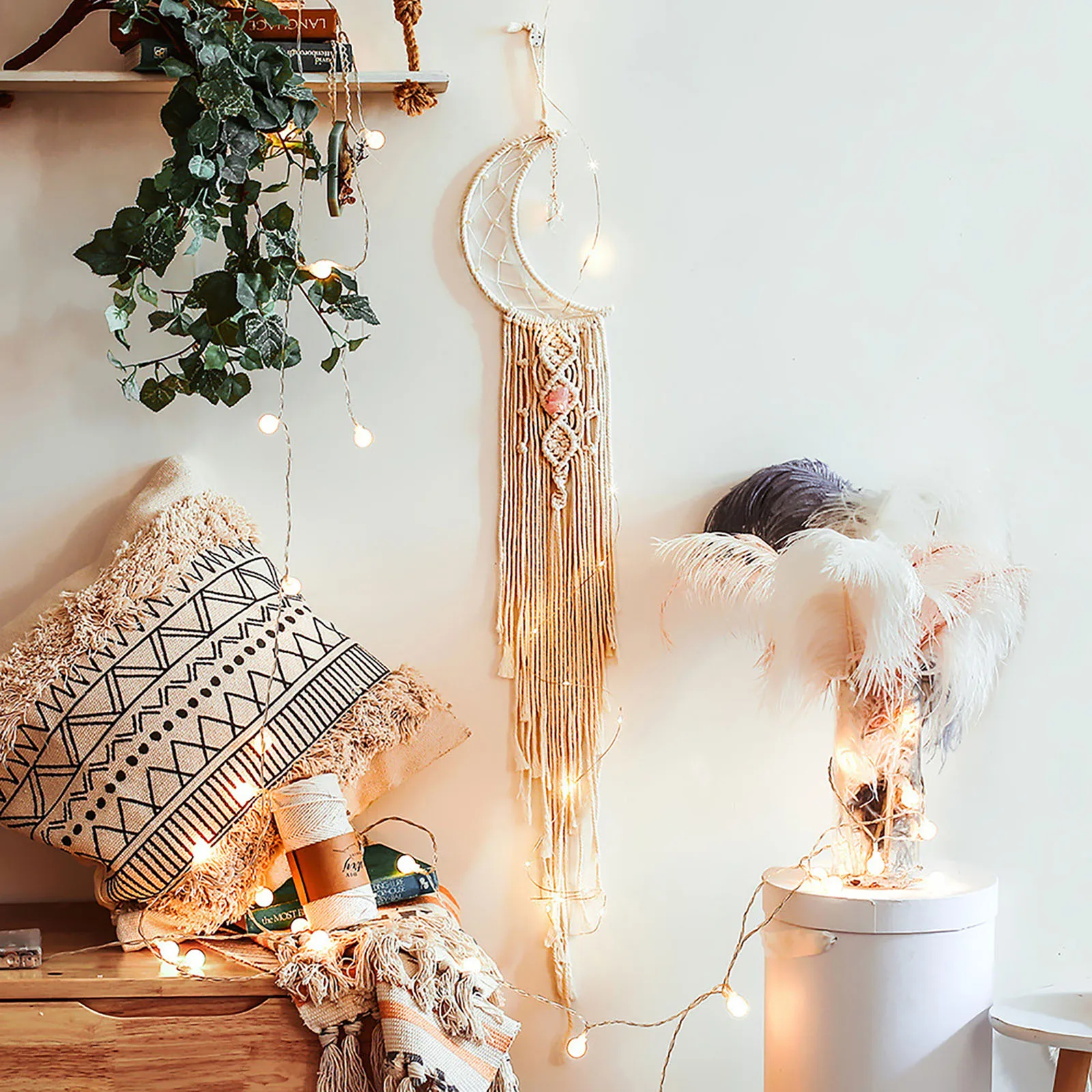 

Boho Macrame Woven Wall Hanging Moon Star Design Woven Cotton Home Decoration Ornament Bohemian Decor for Bedroom Dorm Room