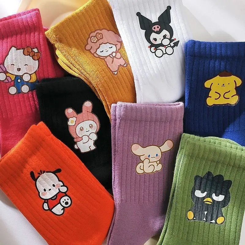 

8 пар, теплые хлопковые носки Sanrio, аниме Kuromi Hellokittys My Melody Cinnamoroll, для студенток, для девушек, мягкие искусственные подарки