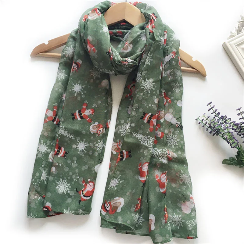 

Green Christmas Scarf Balinese Yarn Printed Santa Claus Snowman Elk Scarf Holiday Gift Girl