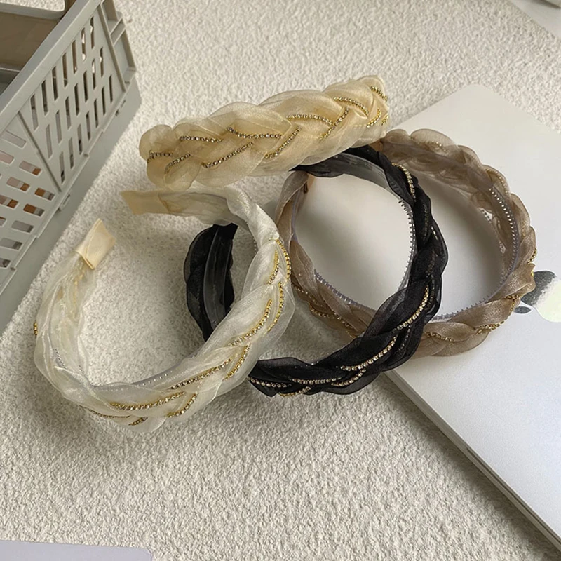

Lace Rhinestones Cross-knotted Head Hoop Solid Color Organza Mesh Chain Twist Braid Hair Hoop Female Hair Accessories