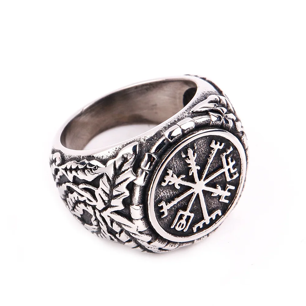 

Stainless Steel Viking Compass Runic Statement Rings Men Vintage Color Nordic Viking Totem Odin Men Rings Jewelry