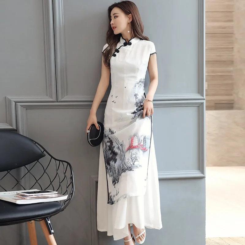 

Женское приталенное платье-Ципао, элегантное белое шифоновое платье в китайском стиле с чернильным принтом, лето