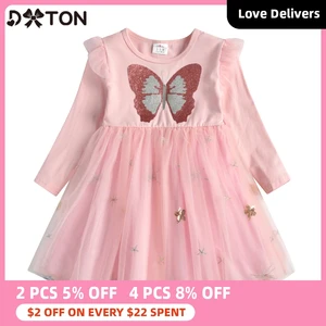 Платье принцессы DXTON с летящим рукавом для девочек, детские платья с бабочками, Детские праздвечерние чные костюмы из тюля, осенне-зимнее платье для девочек