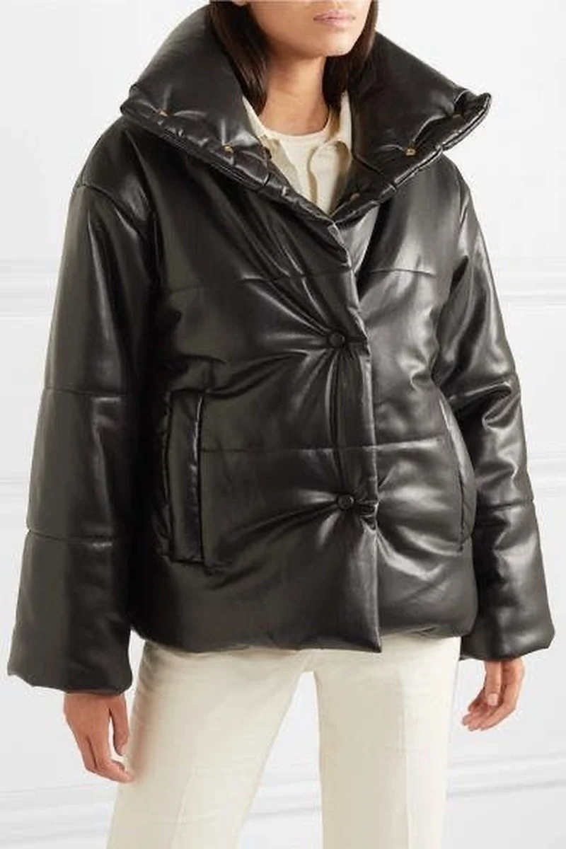 Fashion PU Leather Coat Women's Elegant Cotton Coat Streetwear Korean Faux Leather Leather Parka Coat Big Lapel Short Bread Coat