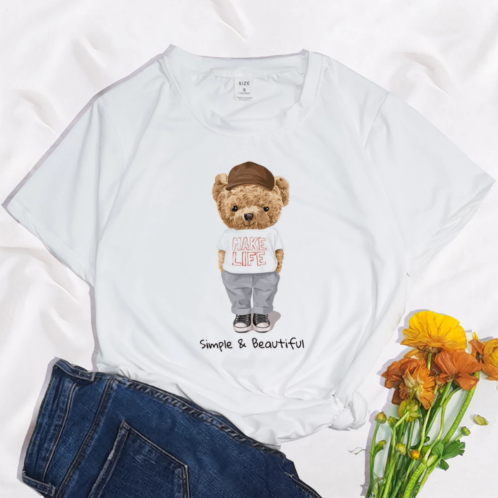 Женская футболка с принтом Love Yourself Bear Повседневная белая круглым вырезом и