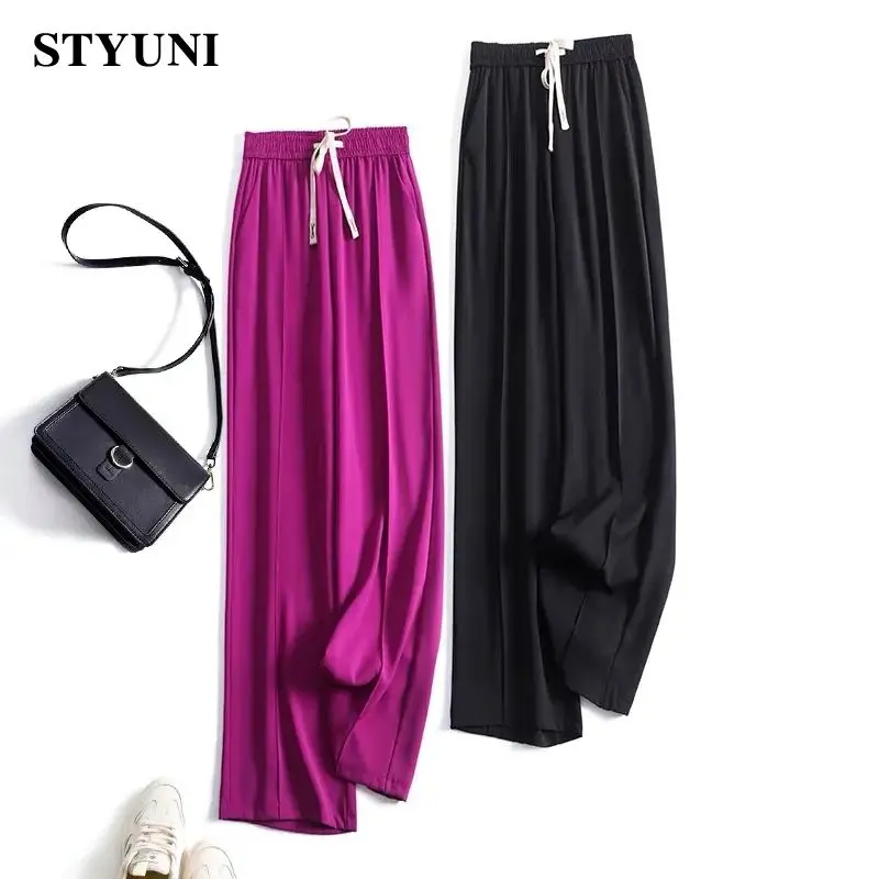 

Elastic High Waist Lace up Chiffon Wide Leg Women's Pants 2022 Korean Fashion Solid Casual Straight Full-length Pants for Women