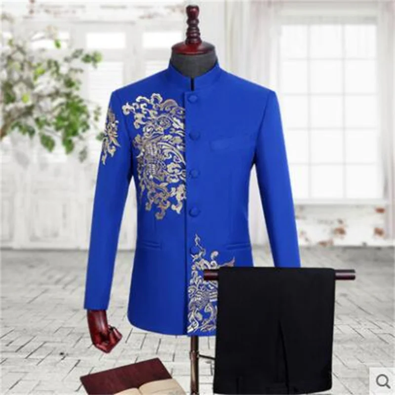 Mens Chinese tunic suit set with pants mens wedding suits costume singer star style dance stage clothing stand collar black