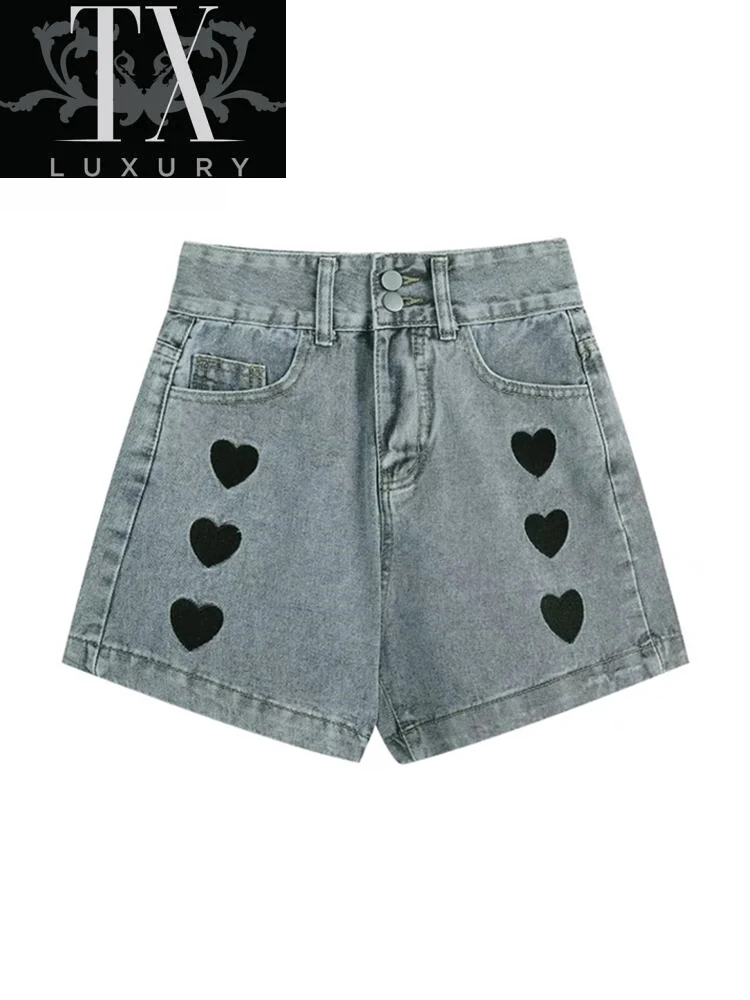 

2022 New Summer Women High Waist Heart Embroidery Blue Wide Leg Denim Casual Female Solid Streetwear Stright Jeans Shorts