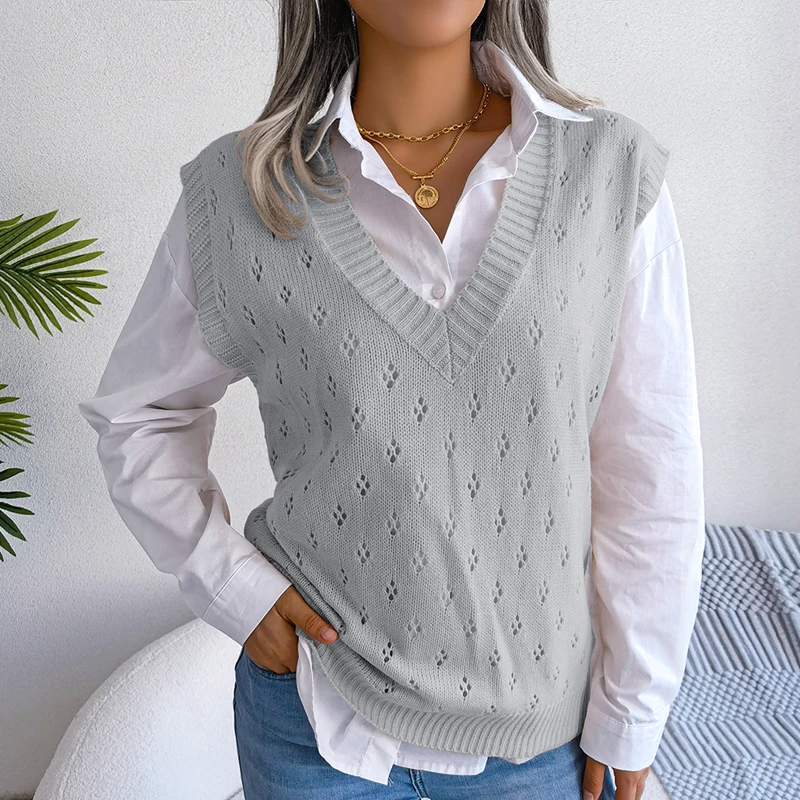 

Женский трикотажный жилет без рукавов, повседневный ажурный топ с V-образным вырезом и цветочным принтом, модель 24326 на осень