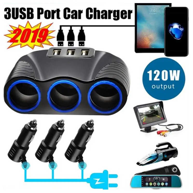 

Car Charger 3 In 1 Cigarette Lighter Splitter Power Adapter 120W 12V/24V Car Charger Adapter For Smart Phone, MP3/MP4, Camera