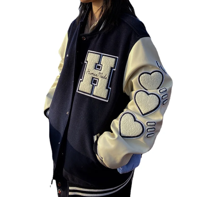 America Bomber Black Heart Jacket Female Men Baseball Jacket Harajuku Loose Streetwear Outerwear Goth