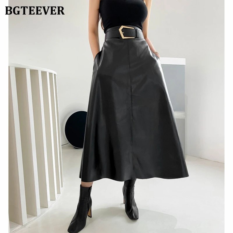 

BGTEEVER Fashion High Waist Loose A-line Faux Leather Skirts Women Elegant Autumn Belted PU Leather Skirts for Women