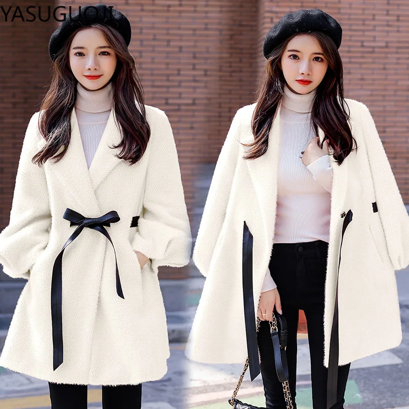 YASUGUOJI 2022 Women Long Coat Elegant Turn Down Collar Woolen Coat with Belt Fashion Pink Blue Winter Warm Coat Casaco Feminino