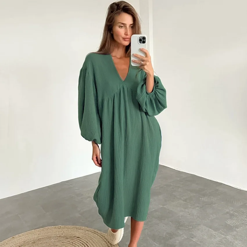 BKQU Lantern Sleeve Night Dress Women Loose V Neck Sleepwear 2023 Autumn Cotton Casual Pajamas Solid Elegant Fashion