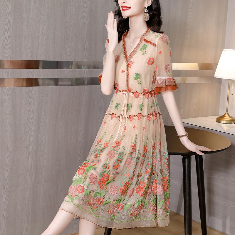 

Женское пляжное платье с V-образным вырезом, Элегантное Шелковое платье средней длины с оборками и V-образным вырезом, корейский стиль, лето 2023