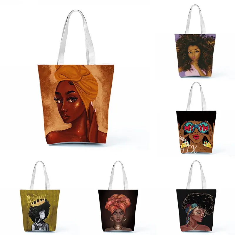 

Retro Black African Girl Shoulder Bag Designer Starry Sky Oil Paintin Handbag Large Capacity Eco Reusable Women Casual Tote