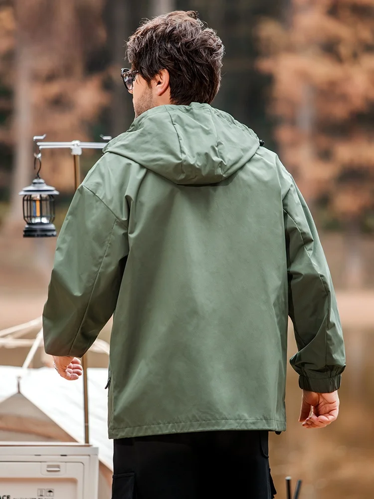 Faxika Plus size Men's Outdoor Hood Jacket Fat plus Size Spring Loose Windproof Waterproof Outerwear Tide