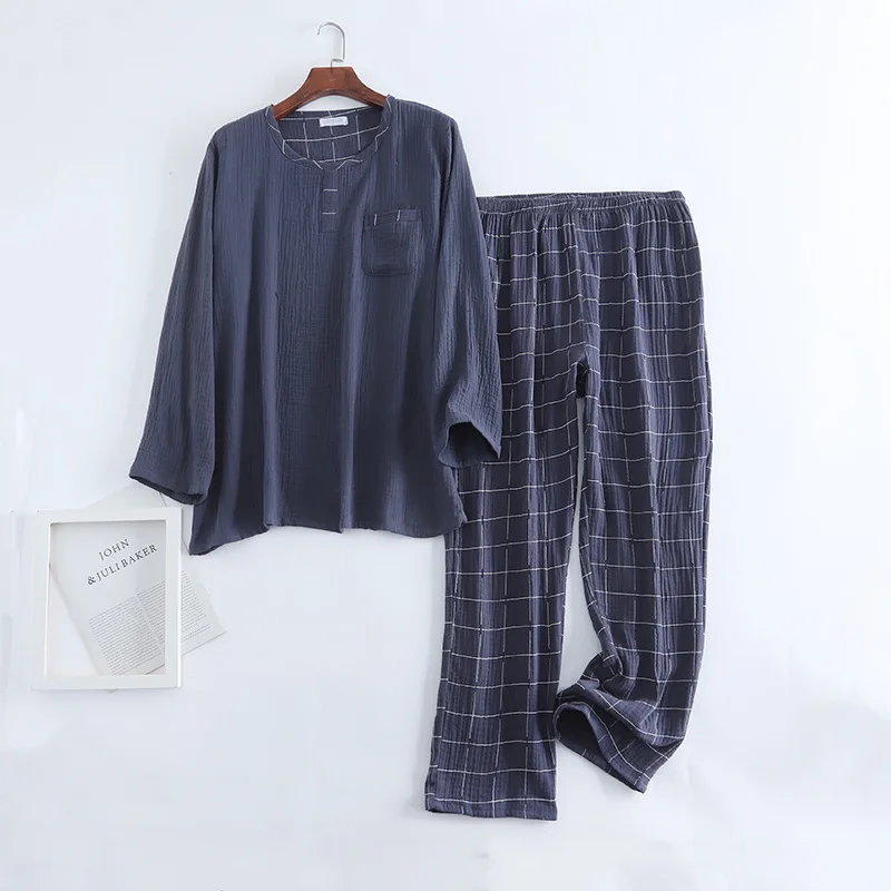 New spring and autumn men's 100% cotton crepe round neck plaid pajamas two-piece long-sleeved trousers plus size loungewear suit