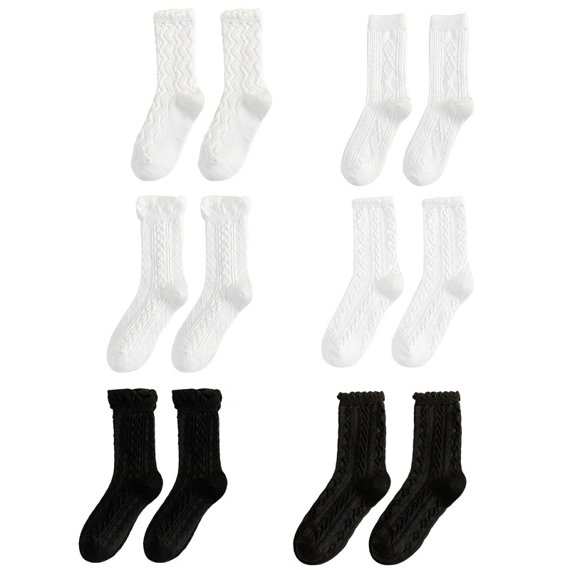 

Women Cotton Crew Socks Twist Knit Wavy Stripe Patterned Ruffle Mid Tube Hosiery 37JB