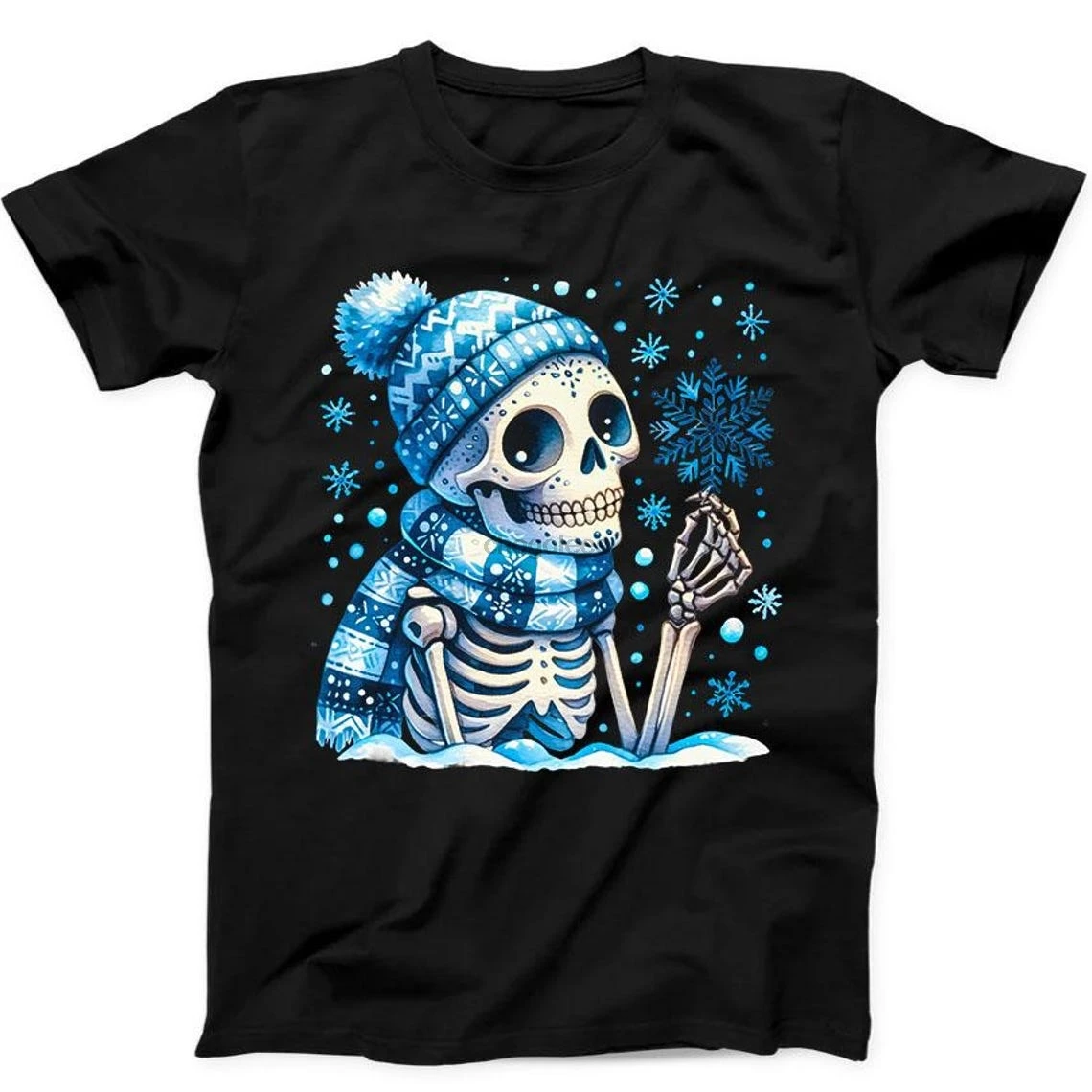 Скелет Снежинки Зимний Рождественский Череп Забавный Подарок Черная Футболка P163