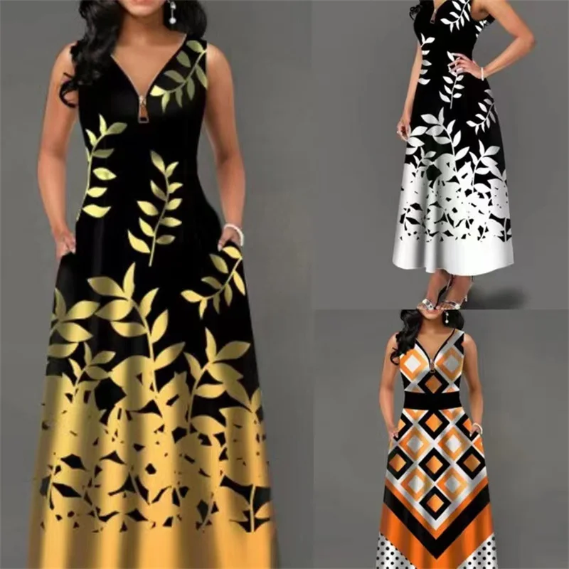 

New spring/summer v-neck zipper print sleeveless slim-fitting dress for commuting parties in 2022 10A002