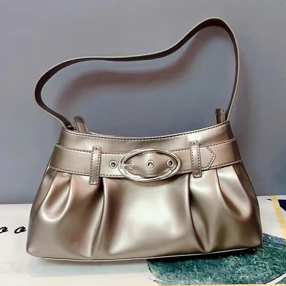 

Square Pleated Silver Purse Designer Luxury Handbags For Women 2023 New Ladies Advanced Sense Simple Shoulder Underarm Bag