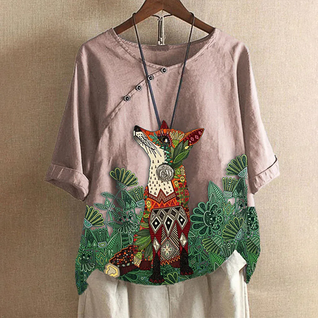 

Women's Layering Tees Fashion Women's Loose Cotton And Linen Animal Print O-Neck T-Shirt Blouse Tops Running T Shirts Women