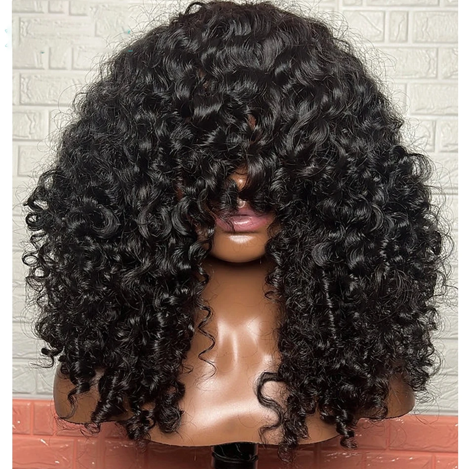 

Glueless Natural Black 26 Inch Kinky Curly Machine Wig With Bangs For Black Women High Temperature Fiber Cosplay Daily Use Wig