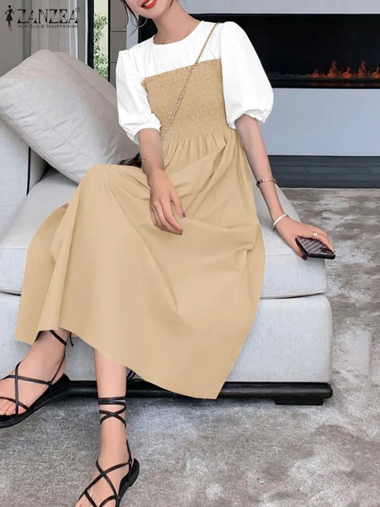 

Summer Womens Bohemian Dresses ZANZEA Korean Sytle Short Sleeve Midi Vestidos Casual Solid Elastic Holiday Sundress Oversized