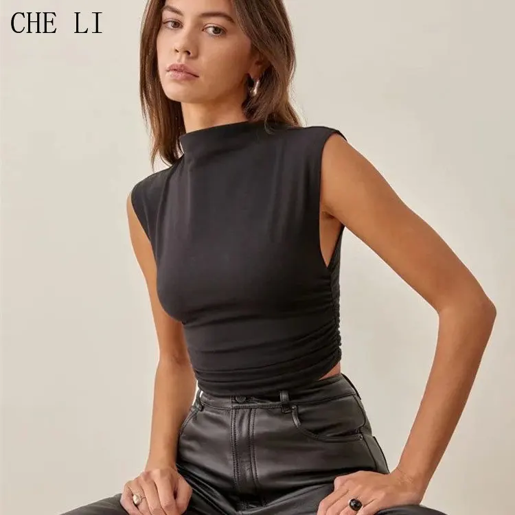 

Casual BM Style Half High Collar Sleeveless Tops Women's High Street Solid Color Vest Sexy Tight Cotton Bottoming Shirt Female