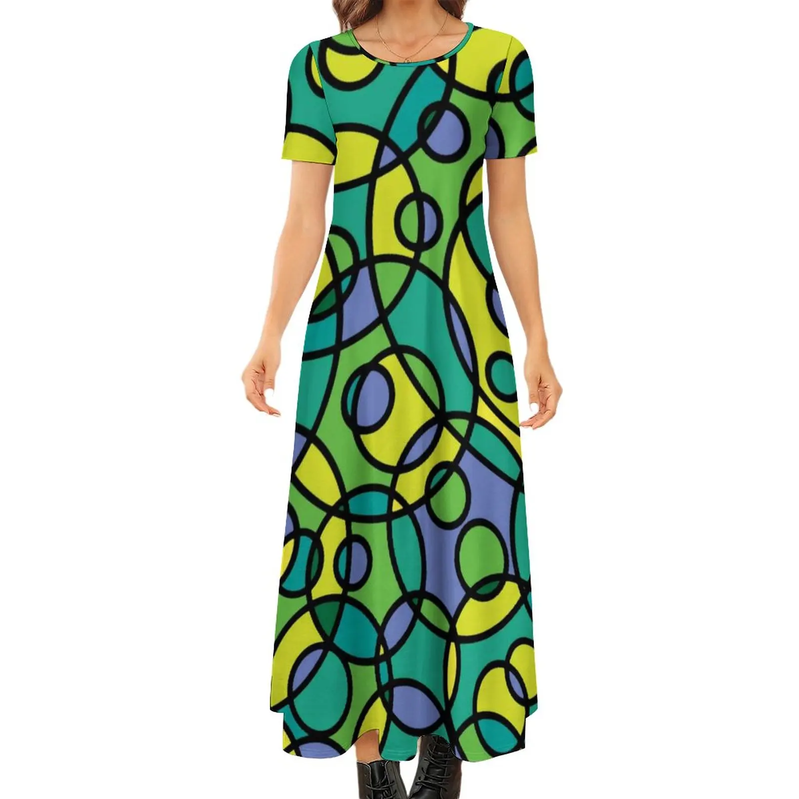 

Abstract Circles Dress Colorful Print Cute Maxi Dress Korean Fashion Boho Beach Long Dresses 5XL 6XL 7XL
