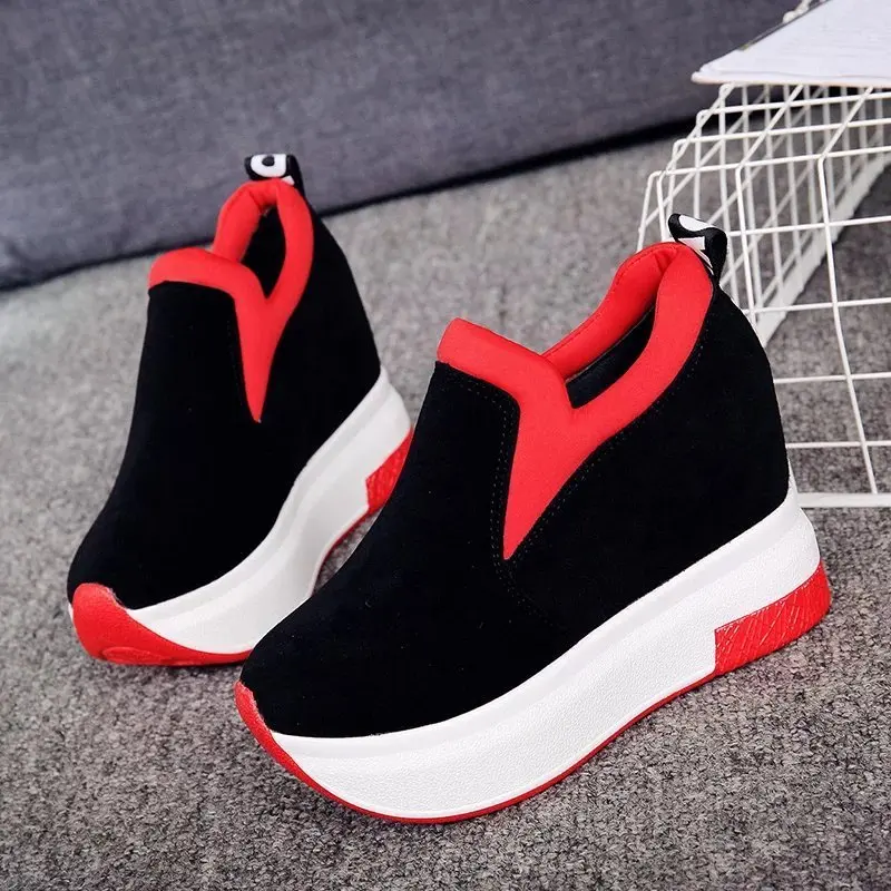 

Platform Wedges Casual Female Sneakers 2022 Women Comfortable Shallow Rubber Vulcanize Shoes Black Autumn Loafers 10cm Taller