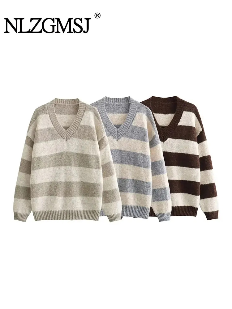 

Nlzgmsj TRAF 2024 полосатые пуловеры женские винтажные шикарные свободные универсальные вязаные свитера для молодых девушек японский Повседневный осенний свитер