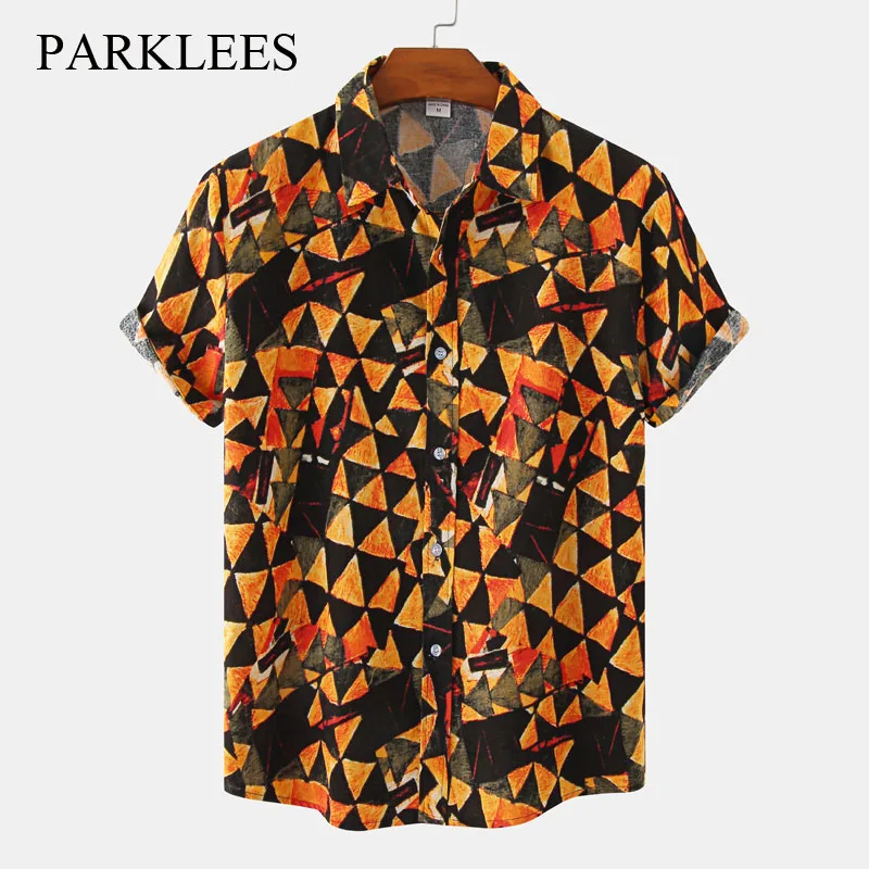 

Parklees Triangle Print Hawaiian Mens Shirt 2022 Fashion Casual Short Sleeve Aloha Shirt Holiday Party Retro Floral Beach Shirt