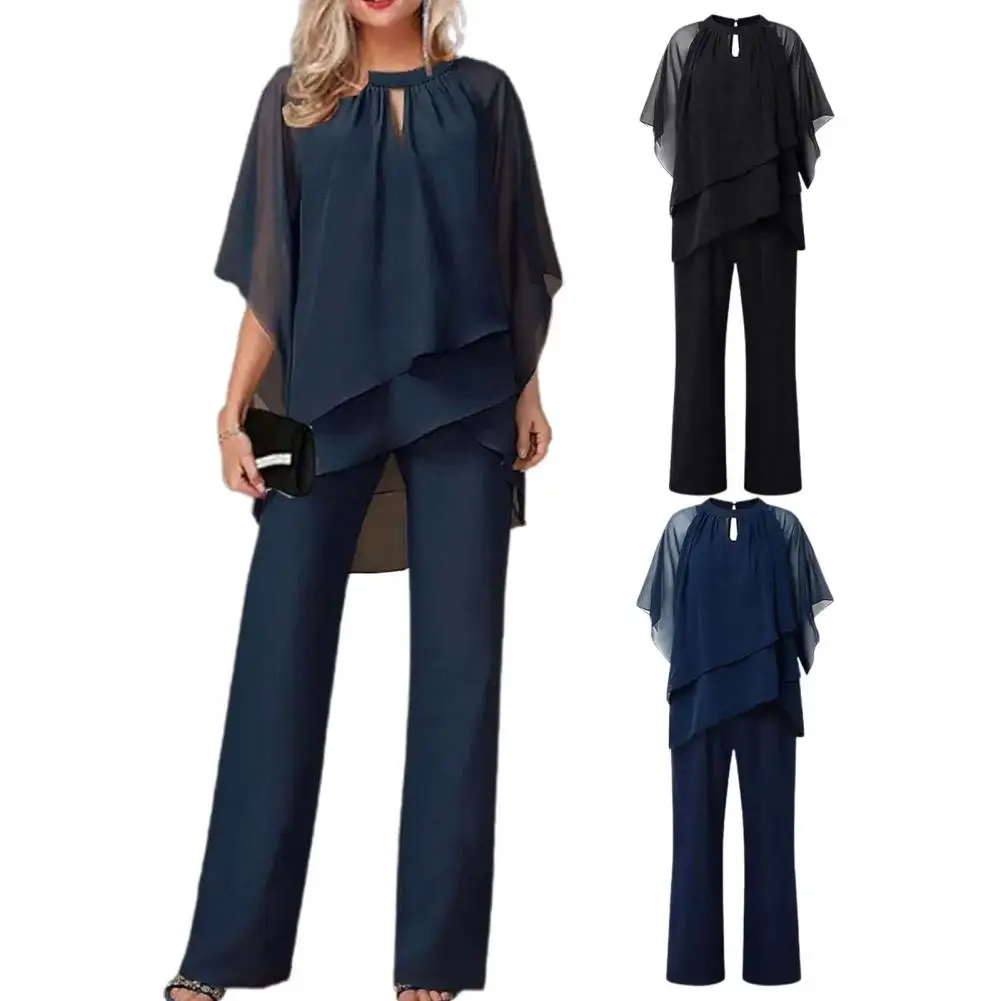 

2Pcs/Set Women Chiffon Outfit Hollow Out Batwing Sleeve Ruffled Irregular Hem Tops Wide Leg Pants Set conjuntos de pantalones