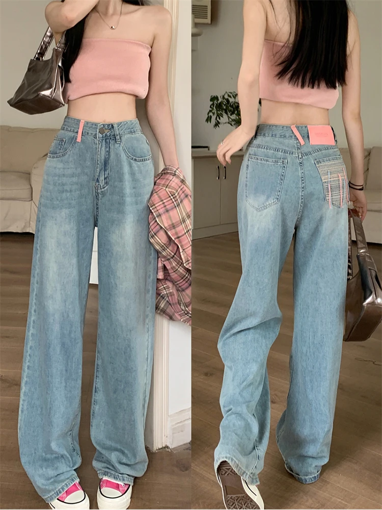 

Брюки женские джинсовые широкие с высокой талией, Модные Винтажные однотонные простые свободные повседневные штаны в стиле пэчворк с вышивкой и карманами, на лето