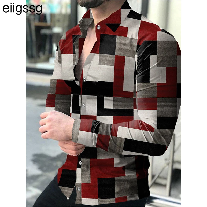 

Fashion Social Men Shirts Turn-down Collar Buttoned Shirt Casual Lattice Print Long Sleeve Tops Mens Clothes Prom Party Cardigan