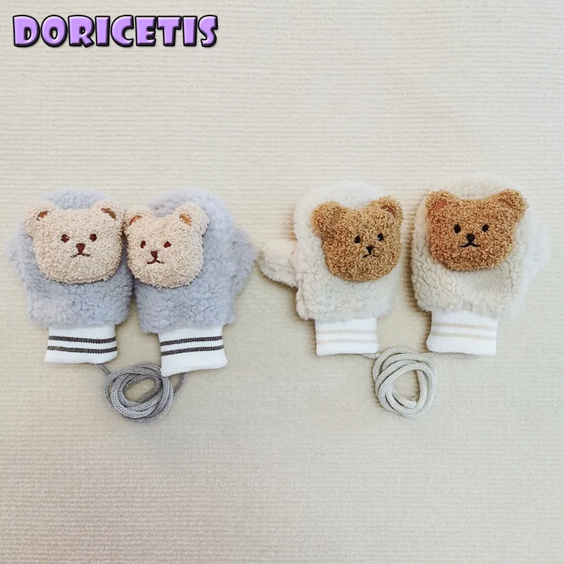 

Оригинальная Милая Вышивка с рисунком медведя, однотонная митенка, детская зимняя мягкая и бархатная, сохраняет тепло с защитой от потери