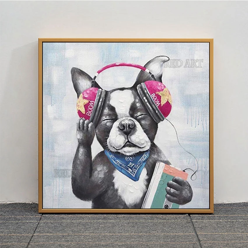 

Cartoon Animal Picture Lovely Dog Listen Music Abstract Handmade Kid's Gift Oil Painting Unframed Wall Canvas Cartoon Poster Art
