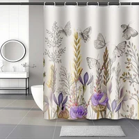 vintage style shower curtain purple yellow daisy flowers butterflies waterproof fabric with hooks bath curtains bathroom decor