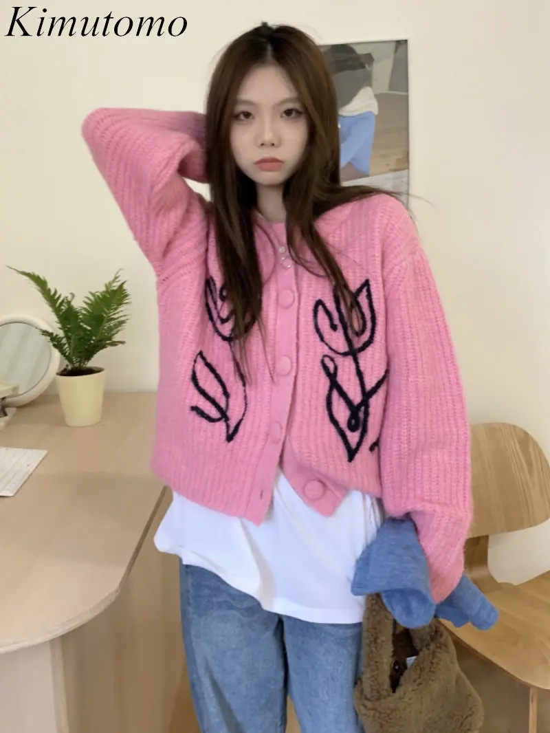 

Женский трикотажный кардиган Kimutomo, винтажный контрастный свитер с круглым вырезом и длинными рукавами