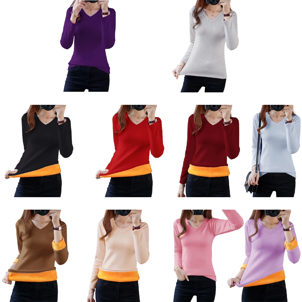 

Women Thermal Underwear Velvet V Neck Solid Color Lady Basic Top Cold Weather Comfortable Bottoming Baselayer Sleepwear