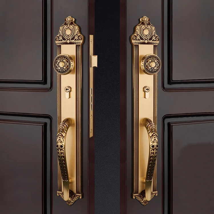 

Beautiful European Design Gold Brass Front Main Double Door Lock with A Dummy Handle Style