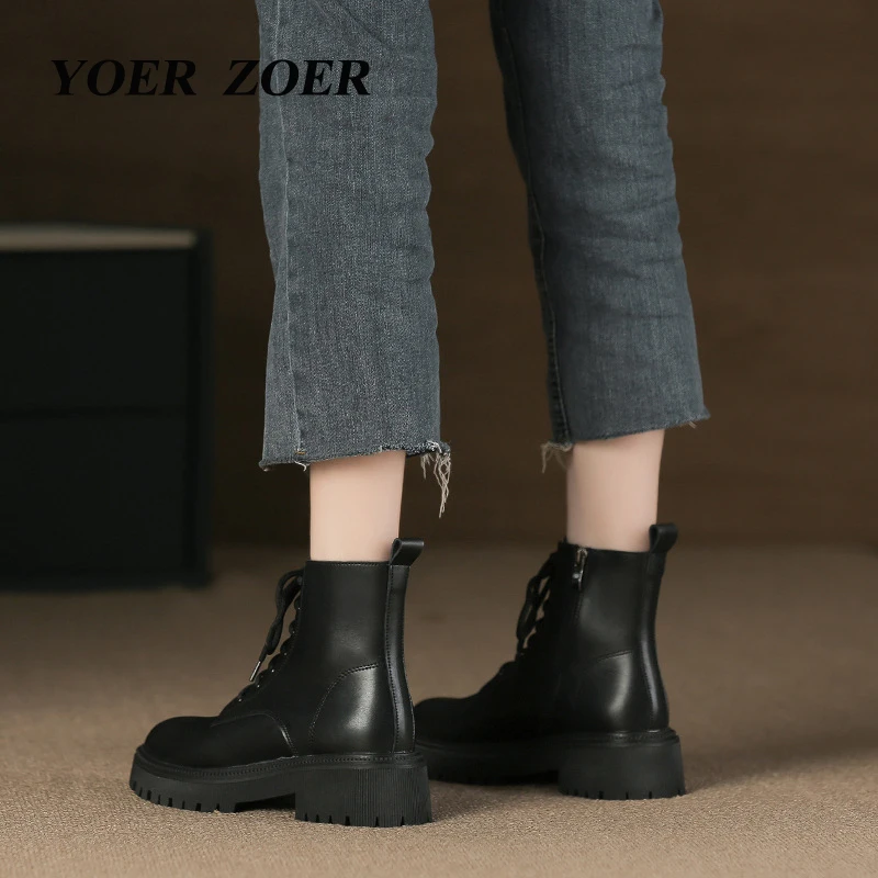 Women Martins boots Genuine leather brown British female 2023 new skinny ankle boots Trendy thick bottom Chelsea boots Casual