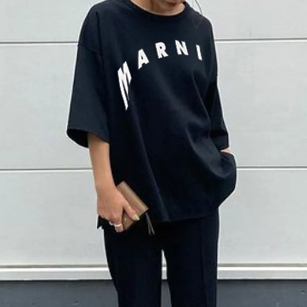 

Letter Summer Women T-Shirt Black All-match Wear Casual Tees Patchwork Color Block Print Fashion Simple Daily Tops High Street