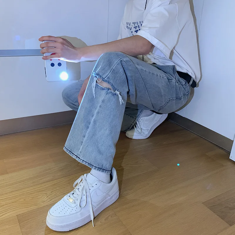 Straight Jeans Men's Simple Design Retro Ripped Men's Pants Korean Version of The Trend Loose Straight Casual Pants Streetwear